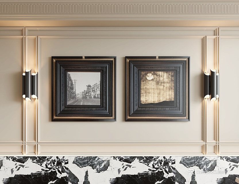 Landscape Paintings in Black Frames Hanging on Cream Colored Decorative Wall with Scenic Elements 3d model 