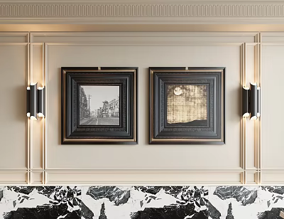 Landscape Paintings in Black Frames Hanging on Cream Colored Decorative Wall with Scenic Elements 3d model