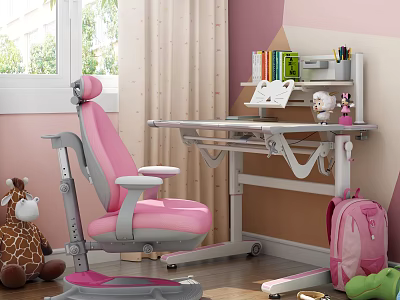 Kids Pink Desk With Adjustable Chair Bookshelf Books Stationery And Stuffed Toys 3d model