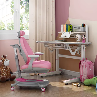Kids Pink Desk With Adjustable Chair Bookshelf Books Stationery And Stuffed Toys 3d model