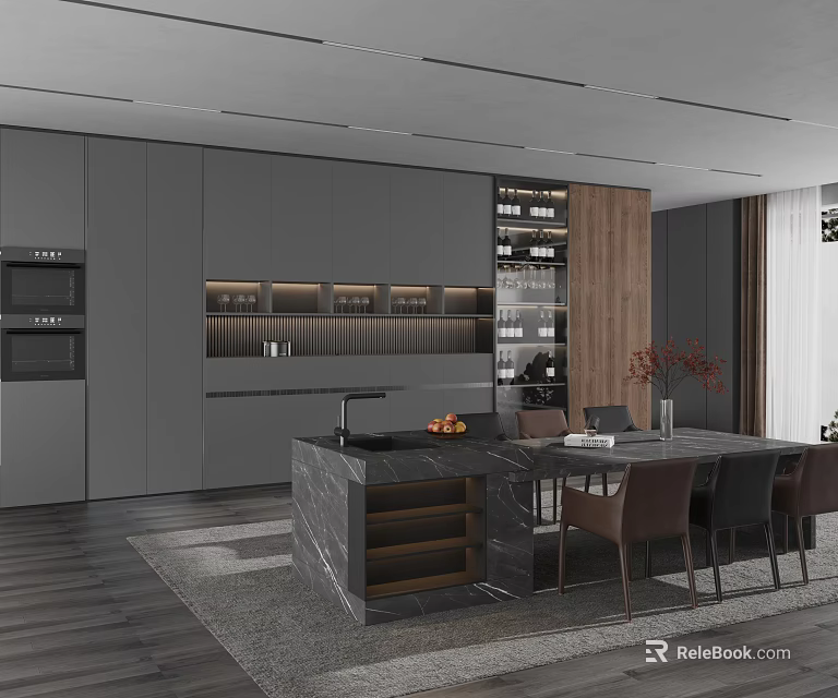Modern Open Concept Kitchen and Dining Area With Gray Cabinets Marble Island and Dining Chairs 3d model 