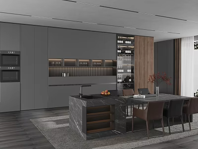 Modern Open Concept Kitchen and Dining Area With Gray Cabinets Marble Island and Dining Chairs 3d model