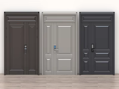 Three Different Colored Double Doors With White Wall And Wooden Floor 3d model