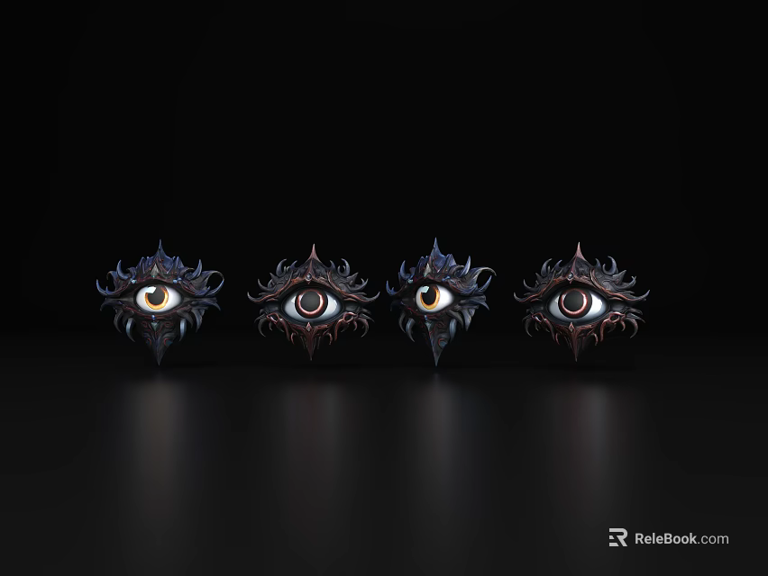 Ornate Decorative Eye Sculptures Arranged In A Row With Intricate Details On Black Background 3d model 