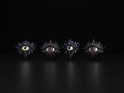 Ornate Decorative Eye Sculptures Arranged In A Row With Intricate Details On Black Background 3d model