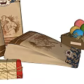 Vintage Themed Decorative Ornament Set with Paper Bags Wooden Box and Colorful Balls