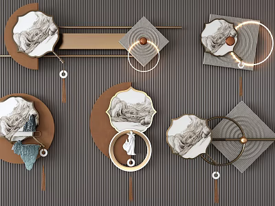 Creative Wall Decor With Geometric Shapes Wooden Frames And Metal Rings 3d model