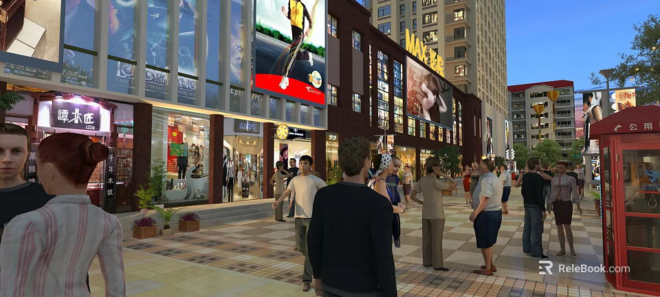 Bustling Commercial Street with Pedestrians Shops Billboards Tall Buildings and Green Plants 3d model 