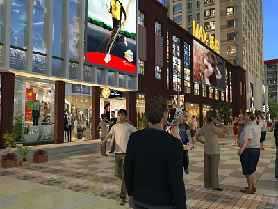 Bustling Commercial Street with Pedestrians Shops Billboards Tall Buildings and Green Plants 3d model