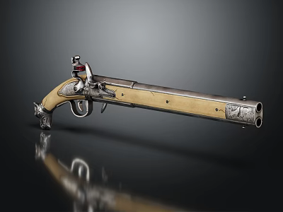 Antique Flintlock Pistol Featuring Wooden Stock And Engraved Metal Details 3d model
