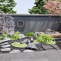 Serene Courtyard Garden With Blooming Cherry Blossom Tree Stone Stepping Path And Stone Lantern