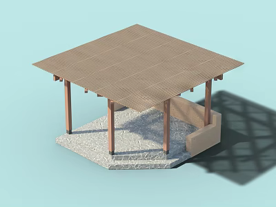 Outdoor Wooden Pergola with Square Roof and Stone Base Pillar Support Structure Design 3d model