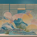 Traditional Artistic Scene Featuring Bamboo Blinds Cranes Fan Shaped Elements Landscape And Clouds