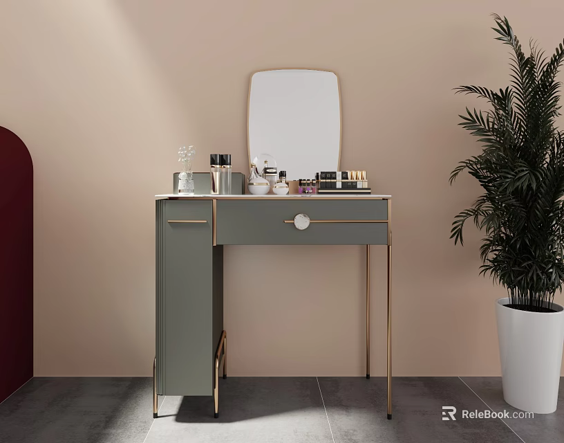 Modern Green Dressing Table With Gold Frame Mirror And Cosmetics Near Potted Plant 3d model 