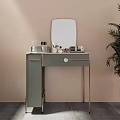 Modern Green Dressing Table With Gold Frame Mirror And Cosmetics Near Potted Plant