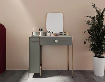 Modern Green Dressing Table With Gold Frame Mirror And Cosmetics Near Potted Plant 3d model
