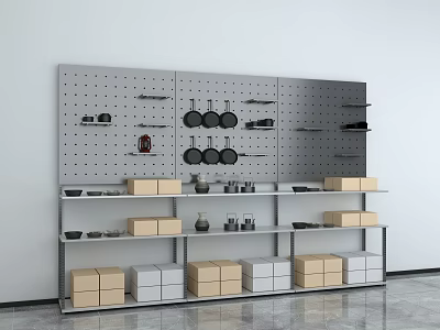Modern Gray Display Shelving Unit With Perforated Panel Hooks Pans And Storage Boxes 3d model