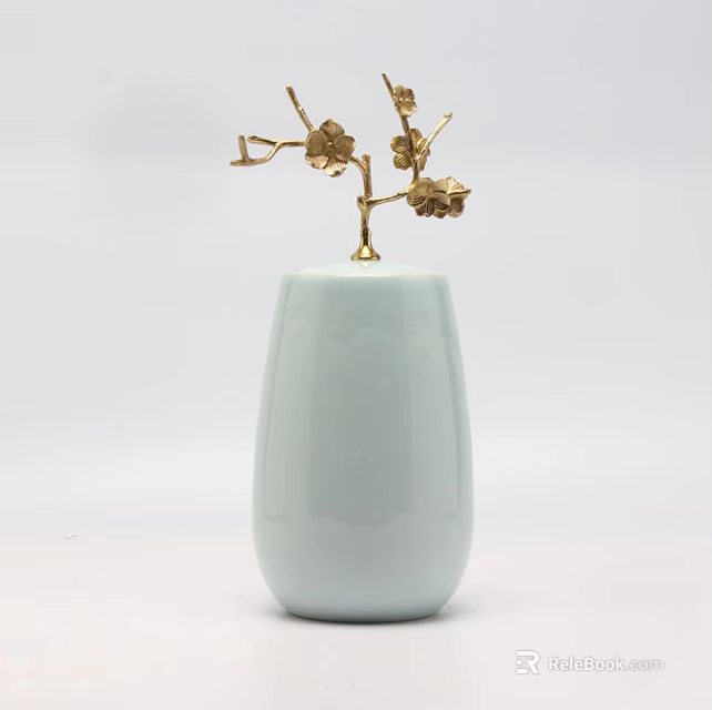 Light Blue Ceramic Vase Adorned With Golden Flower Branches And Delicate Blooms For Home Decor 3d model 