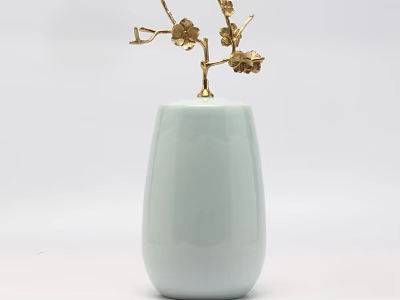Light Blue Ceramic Vase Adorned With Golden Flower Branches And Delicate Blooms For Home Decor 3d model