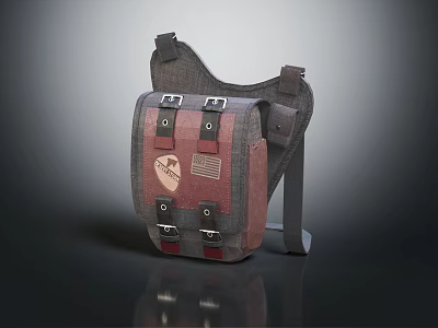 Vintage Red And Gray Canvas Backpack With Metal Buckles Straps And American Flag Emblem 3d model