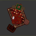 Cozy Living Setup With Red Sofa Red Coffee Table Checkerboard Table Chairs Rug And Stool