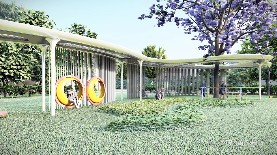 Modern Pergola Featuring Curved White Structure And Yellow Circular Elements With Greenery And Trees 3d model