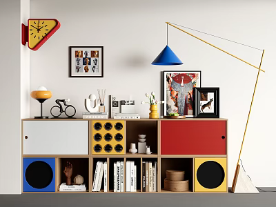 Colorful Modular Bookcase Featuring Multiple Compartments Books Decorations Wall Clock and Floor Lamp 3d model