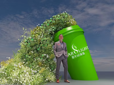 Man in Suit Standing Beside Green PAROLIGHT Cup With Sierra Forest Plants And Flowers 3d model
