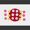 Decorative Ornament Set with Red Circle and Pink Yellow Flowers on White Card