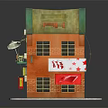 Cute Cartoon House Model with Orange Exterior Green Roof Balcony Furniture and Colorful Signs