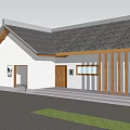 Traditional Building with White Walls Gray Roof Wooden Accents People and Green Plants