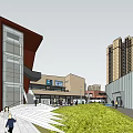 Modern High Rise Building Complex With Green Plaza Walkways And Water Features