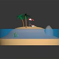 Cartoon Scene of Tropical Island with Sandy Beach Palm Trees Striped Umbrella and Blue Water