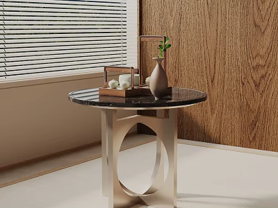 Modern Round Marble Side Table with Metal Frame and Decorative Vase Green Plant 3d model