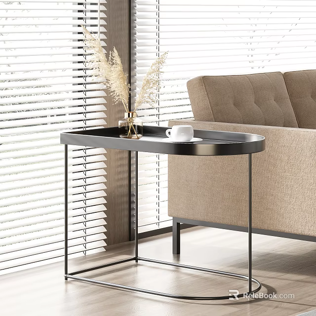 Stylish Modern Side Table Next to Sofa With Vase and Coffee Cup by Window Blinds 3d model