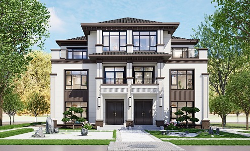 New Chinese Style Simple Style Double Style Self-built House 3d model