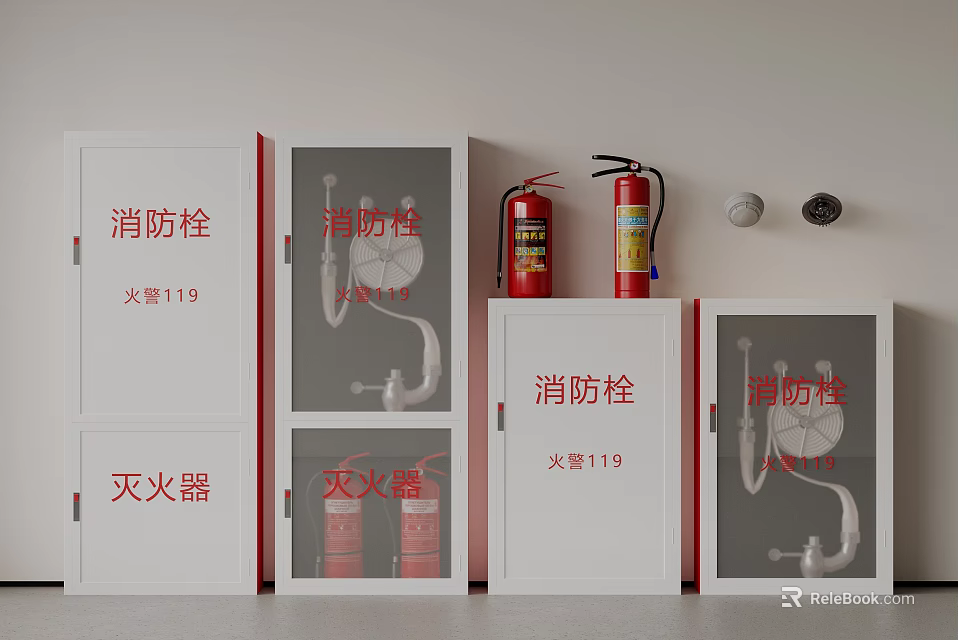 Essential Fire Safety Equipment Featuring Fire Hydrants Fire Extinguishers In Cabinets 3d model