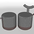 Round Ottoman Stools Featuring Black And White Checkered Design Brown Base And Leather Strap 3d model