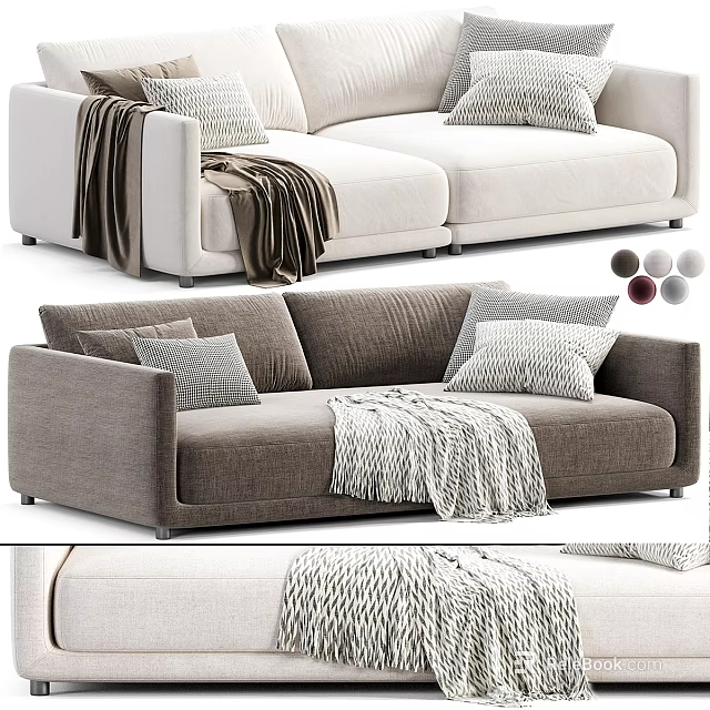 Modern Two Seater Sofa With Soft Pillows And Cozy Blanket Color Options 3d model 