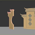 Golden Chinese Traditional Architectural Components with Curved Roofs and Lattice Patterns for Decorative