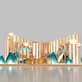 Chinese Themed Artistic Installation With Curved Design Mountain Shapes And Cloud Elements 3d model