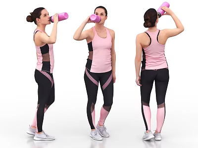 A Woman Exercising And Drinking Water In Pink Tank Top Black Leggings And White Sneakers 3d model