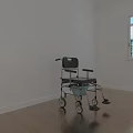 Medical Equipment Mobility Commode Chair with Black Seat Silver Frame Blue Bucket Wheels and Footrests