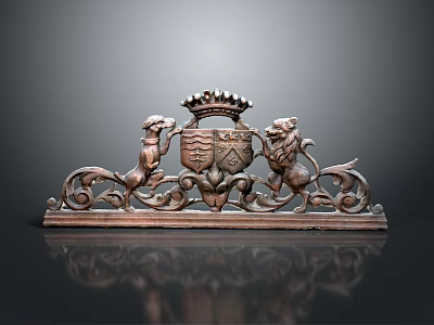 Ornate Wooden Furniture Carving With Crown Shield Lions And Scroll Designs 3d model