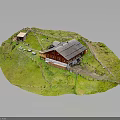 Red Building Model on Green Hillside with Small House and Path 3d model
