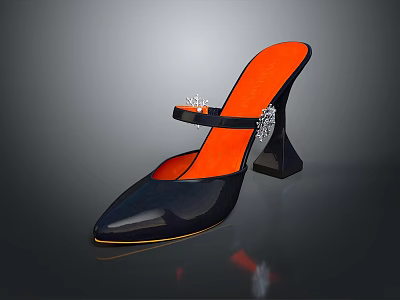 Elegant Pointed Toe High Heels With Black Upper Orange Insole Ankle Strap And Rhinestone Heel 3d model