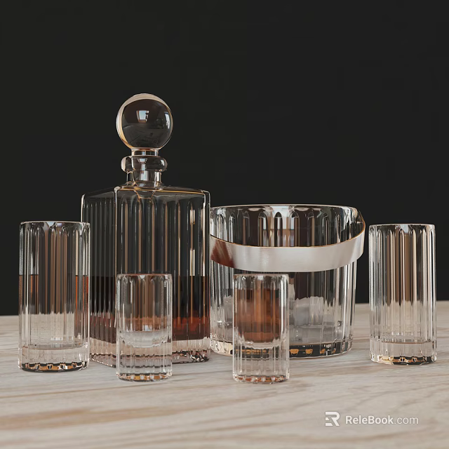 Elegant Whiskey Bottle With Crystal Glasses And Ice Bucket On Wooden Table Dark Background 3d model 