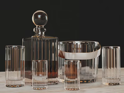 Elegant Whiskey Bottle With Crystal Glasses And Ice Bucket On Wooden Table Dark Background 3d model