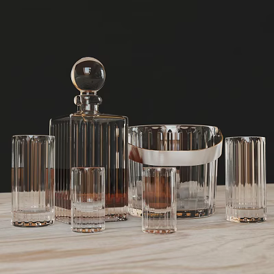 Elegant Whiskey Bottle With Crystal Glasses And Ice Bucket On Wooden Table Dark Background 3d model