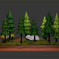 3D Forest Scene With Green Pine Trees Yellow Trees White Houses Red Ground And Grass